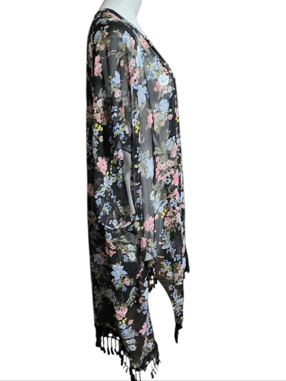 Time And Tru Black Sheer Floral Kimono With Fringe One Size - Picture 3 of 10